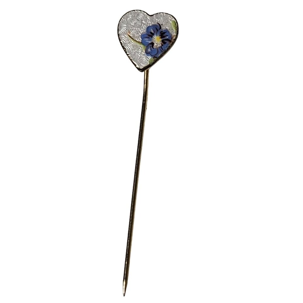 Vintage Heart Shaped Enamel Stick Pin Blue Flower Design Fashion Jewelry Women